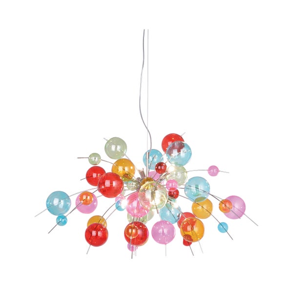 Deckenleuchte mit bunten Glaskugeln und filigranen Metallstäben