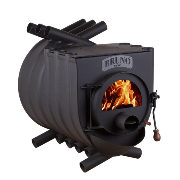 Bruno Pyrotechnik Holzofen mit Feuer sichtbar durch das Fenster