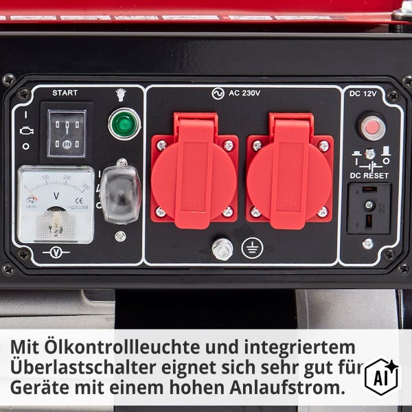 Bedienpanel eines Stromerzeugers mit zwei 230 Volt Steckdosen, Voltmeter, DC 12 Volt Anschluss und Betriebsschalter.
