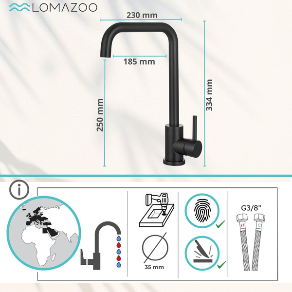 Lomazoo Küchenarmatur mit technischen Maßangaben und Installationsmerkmalen wie Bohrlochdurchmesser 35 Millimeter und G 3/8 Zoll Anschlussschläuchen.