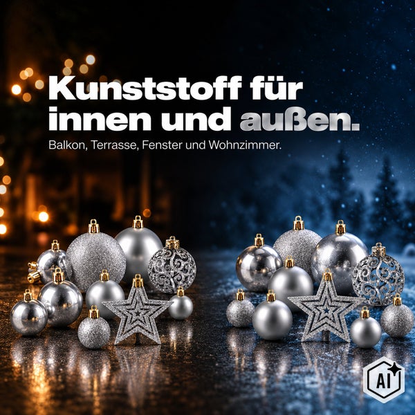 Weihnachtsbaumkugeln und Sterne aus Kunststoff zur Dekoration für den Innen und Außenbereich wie Balkon Terrasse Fenster oder Wohnzimmer