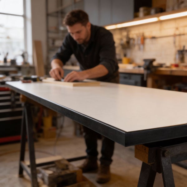 Handwerker arbeitet in einer Werkstatt an einem großen Arbeitstisch mit einer hellen Platte und einem dunklen Metallrahmen auf einem Arbeitsbock.