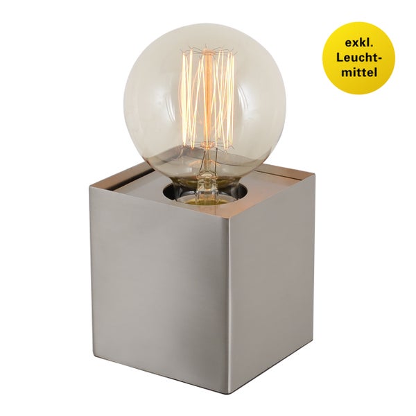 Tischleuchte mit quadratischem Sockel und Glühbirne