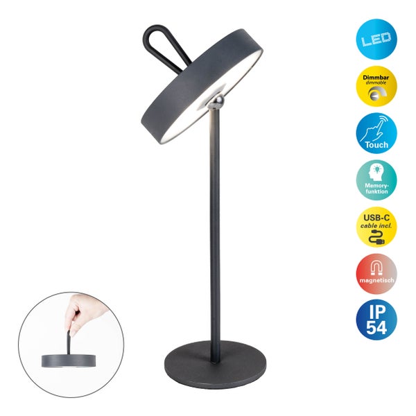 LED-Akku-Tischleuchte magnetisch ELLA für Außen und Innen, aus Metall und Kunststoff in Grau , 35 cm hoch