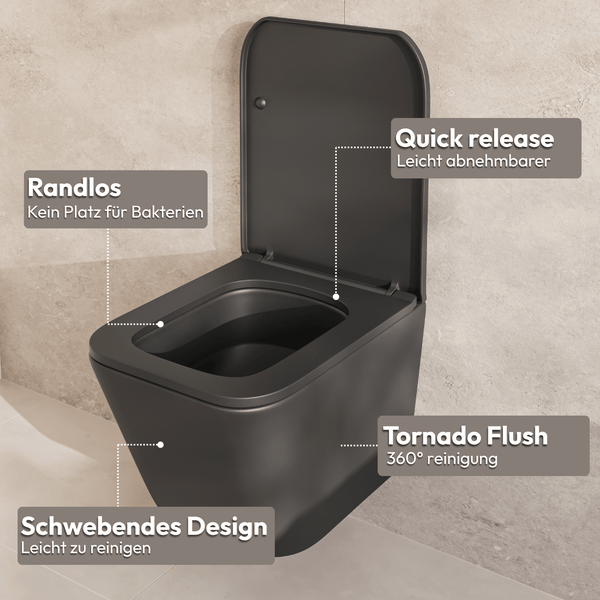 Wand-WC mit Funktionen wie randloser Spülung, Quick Release Sitz, Tornado Flush und wandhängendem Design.
