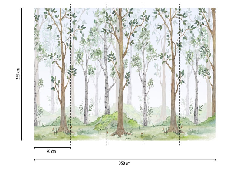 Fototapete mit Waldmotiv, Bäumen und Büschen im Aquarell-Stil, Breite 350 Zentimeter, Höhe 255 Zentimeter, Bahnenbreite 70 Zentimeter.