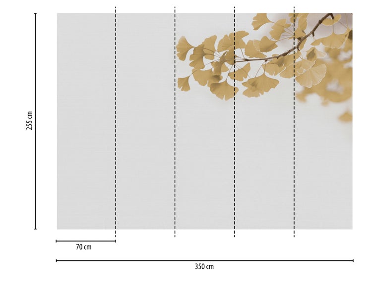 Fototapete mit Ginkgo-Blättern, Gesamtbreite 350 Zentimeter, Gesamthöhe 255 Zentimeter, Bahnbreite 70 Zentimeter.
