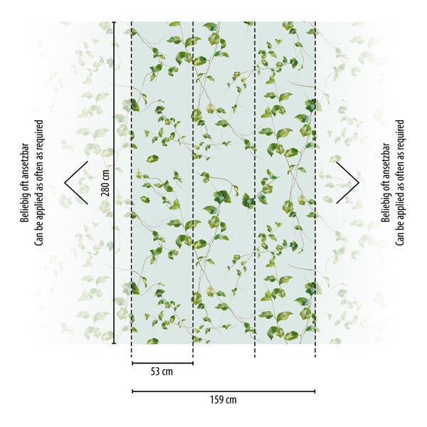 Vliestapete mit Blatt- und Rankenmotiv, beliebig oft ansetzbar, 280 Zentimeter hoch, 53 Zentimeter Bahnbreite, 159 Zentimeter Gesamtbreite.
