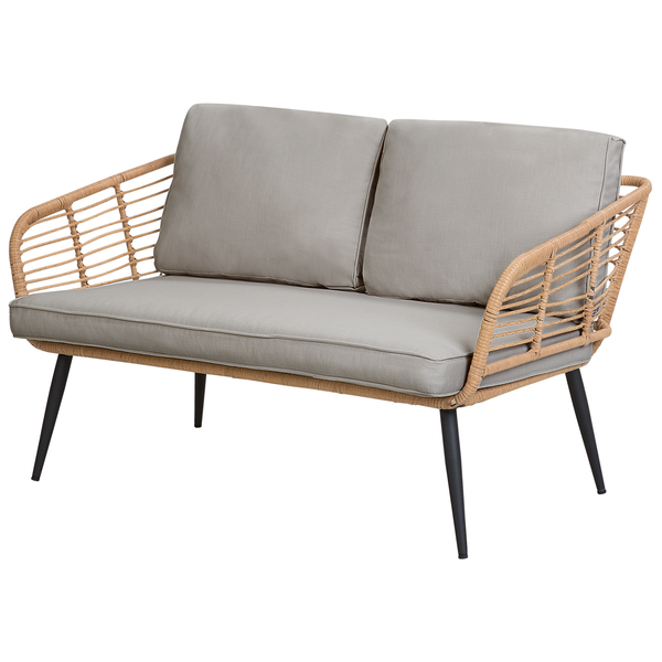 Zweisitzer-Gartenbank mit Rattanrahmen und grauen Kissen