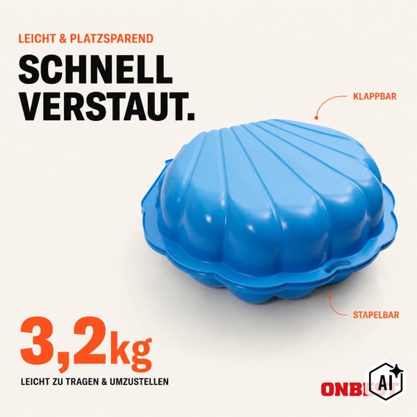 Klappbarer Sandkasten in Muschelform aus Kunststoff mit einem Gewicht von 3,2 Kilogramm für den Garten.