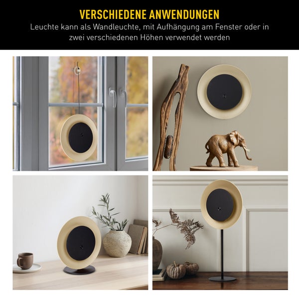 Mehrere Anwendungsmöglichkeiten der Leuchte als Wandleuchte, Fensterdekoration oder in verschiedenen Höhen