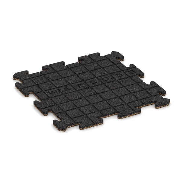 Ineinandergreifende Bodenfliese aus schwarzem Gummi- und Korkgranulat mit Gittermuster und Puzzlerand.