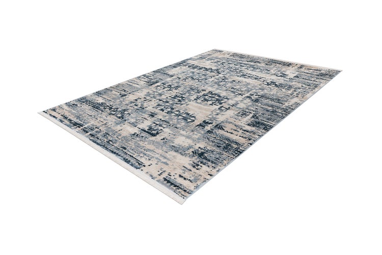 Rechteckiger Kurzflor-Teppich mit abstraktem Muster in Blau und Beige sowie Fransen an den Enden.