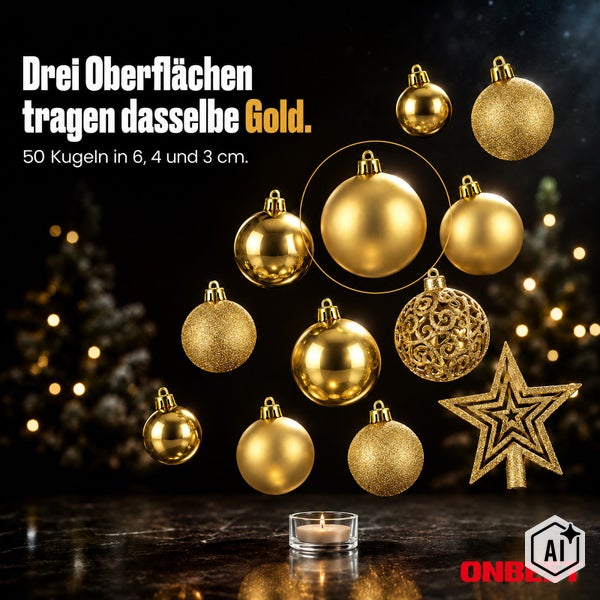 Set mit 50 goldenen Weihnachtskugeln in verschiedenen Größen und Oberflächenstrukturen inklusive Sternspitze und Teelicht für die Weihnachtsdeko.