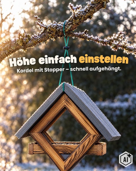 Vogelhaus aus Holz mit verstellbarer Kordel und Stopper zum Aufhängen an einem Ast.