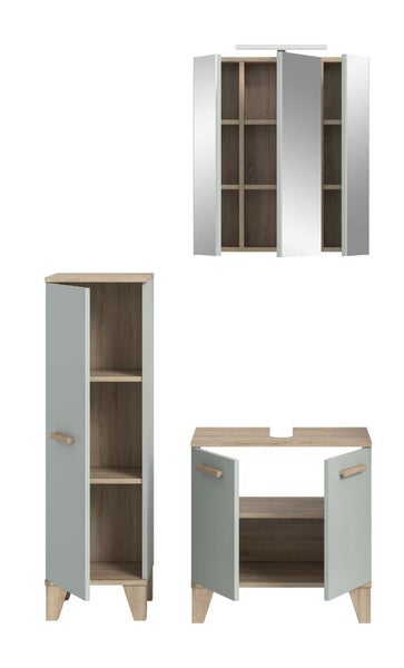 Badezimmermöbel Set bestehend aus Spiegelschrank mit drei Türen, Hochschrank und Waschtischunterschrank mit Holzoptik und modernen Fronten.