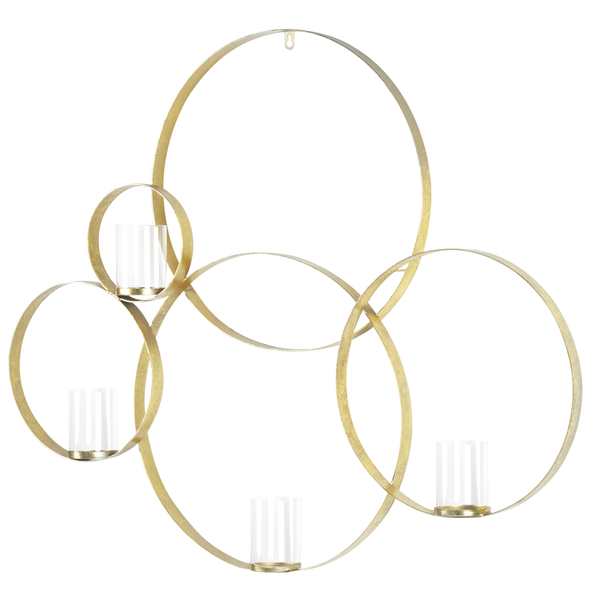 Wanddekoration mit Metallringen und vier Glaswindlichtern