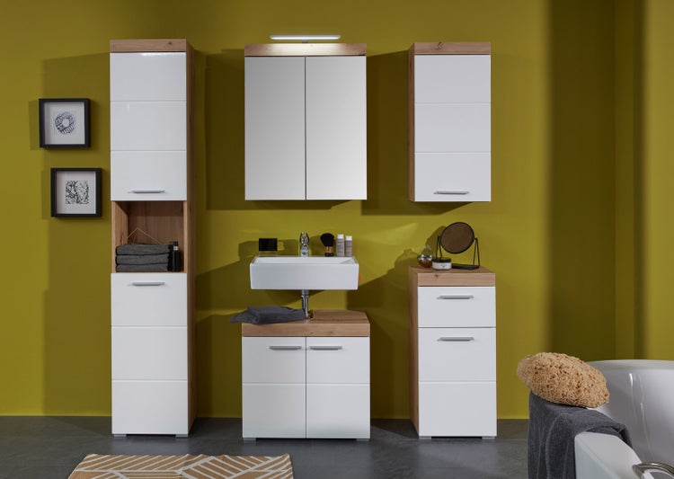 AmandaMando Bad Spiegelschrank 2 Türen einschl. Licht dunkel Eiche Dekor, Spiegelglas. 60 X 17 X 77 cm