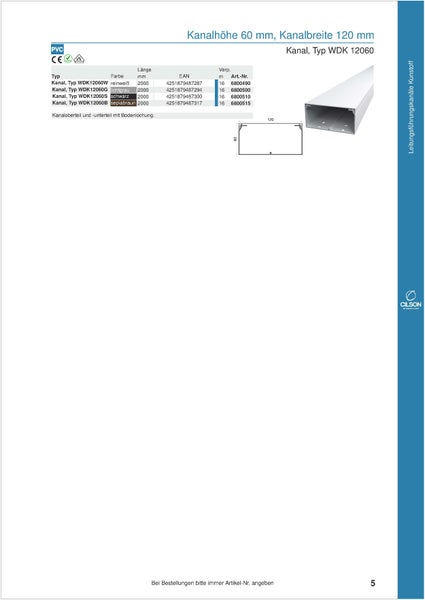Kabelkanal Typ WDK 12060, Kanalhöhe 60 mm, Kanalbreite 120 mm