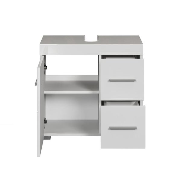 Weißer Waschtisch mit offener Tür und Schubladen für das Badezimmer