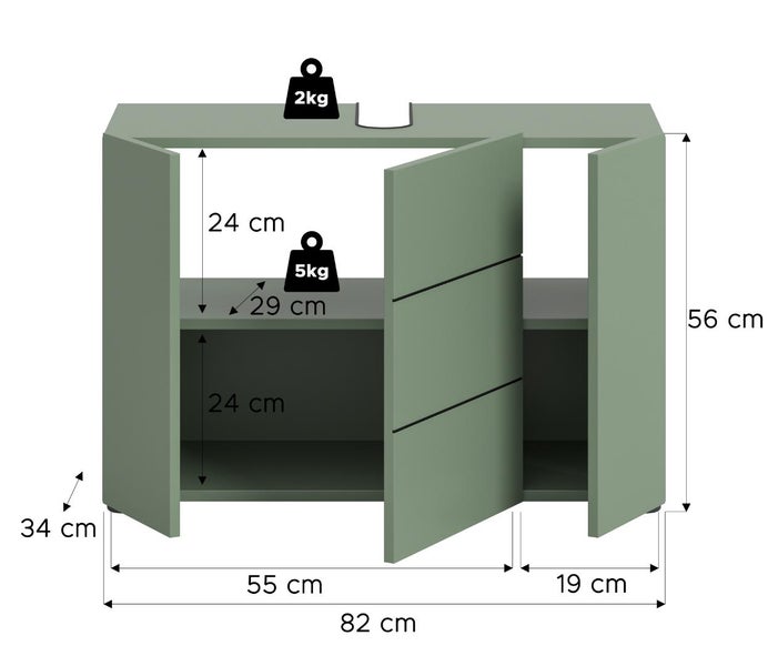Technische Zeichnung eines Unterschranks mit Abmessungen und Gewichtsangaben