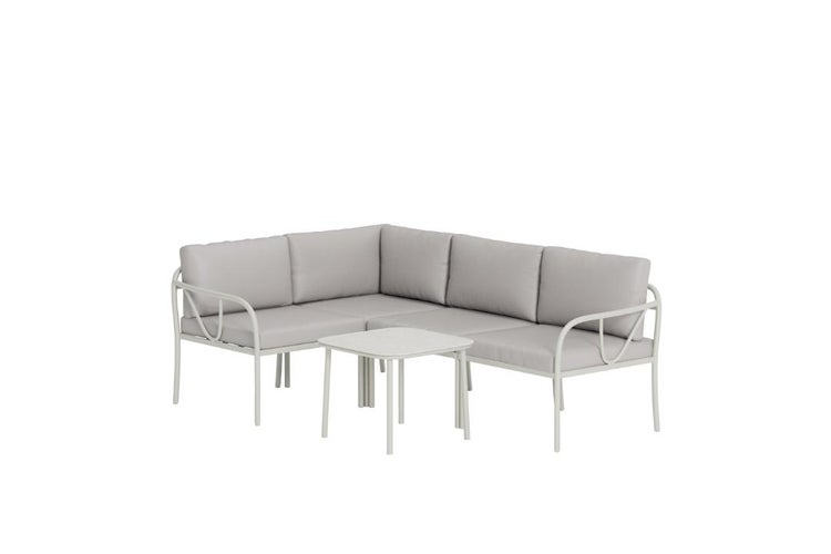 Garten-Lounge-Set bestehend aus Ecksofa mit Polstern und einem Beistelltisch, Metallgestell mit dekorativen Armlehnen.