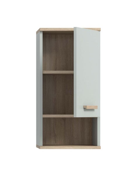Hängeschrank für das Badezimmer mit einer Tür und zwei offenen Fächern in Holzoptik und matter Oberfläche.