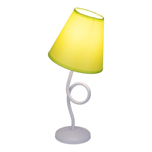 Tischleuchte mit gelbem Lampenschirm und gewundenem, hellem Lampenfuß