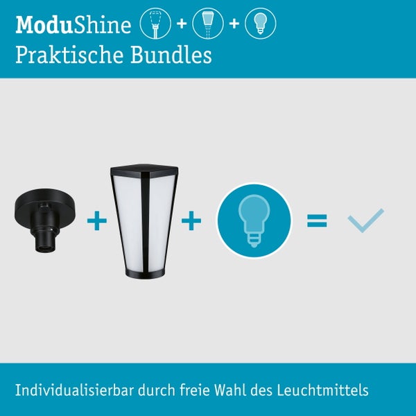 Infografik ModuShine System für Leuchten bestehend aus Wandhalterung, Lampenschirm und frei wählbarem Leuchtmittel