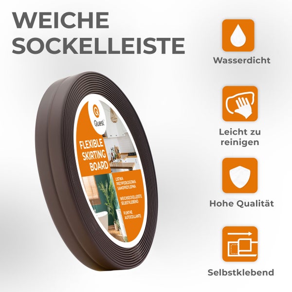 Quest Weichsockelleiste Selbstklebend 10 x 10 mm, PVC Knickleiste , Flexibel, Dunkelbraun, 5 Meter