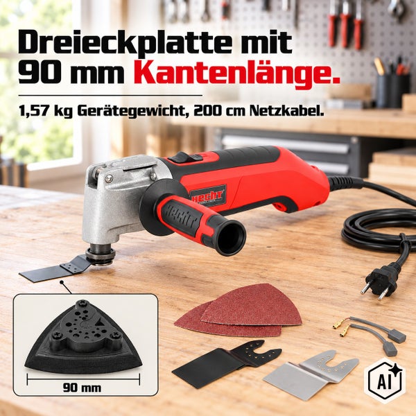 Hecht Multifunktionswerkzeug mit Schnellspannhebel, Drehzahlstellrad und montierbarem Zusatzhandgriff inklusive verschiedener Aufsätze.