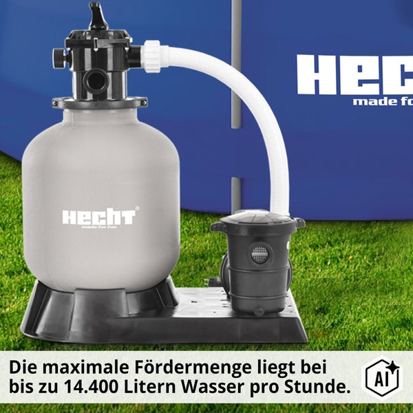 Hecht Sandfilteranlage mit Pumpe auf einer Basisplatte, geeignet für Swimmingpools mit einer Förderleistung von bis zu 14.400 Litern pro Stunde.
