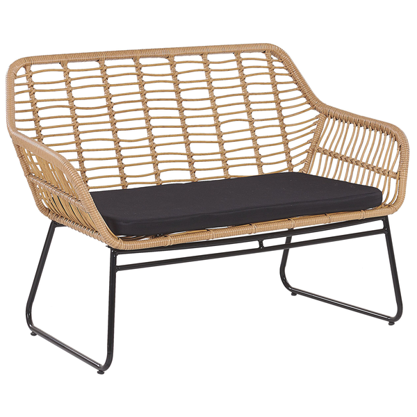 Gartenbank aus Rattan mit schwarzem Kissen und Metallgestell