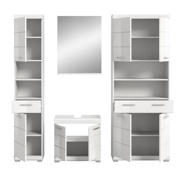 Modernes Badezimmermöbel Set bestehend aus Hochschrank, Waschtischunterschrank, breitem Seitenschrank und Spiegel in Weiß.