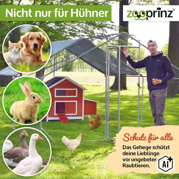 Zooprinz Freilaufgehege für Hühner und Kleintiere mit Metallrahmen und Schutznetz im Garten mit Mann und verschiedenen Tieren dargestellt.