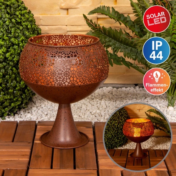 LED Deko-Solarleuchte mit Standfuß 25 cm hoch, mit Flammeneffekt, für Außen,  aus rostfarbenem Metall und Kunststoff, mit fest verbauter  LED