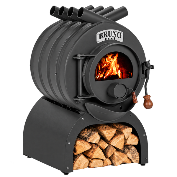 Bruno Mini Kaminofen aus Stahl mit Holzfach und brennendem Feuer im Feuerraum.