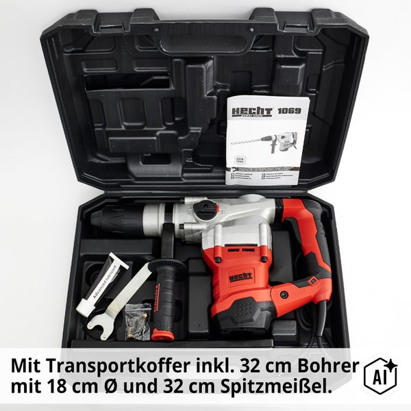 Hecht Bohrhammer 1069 in Kunststoffkoffer inklusive Zubehör Bohrer und Spitzmeißel für Bohr und Meißelarbeiten