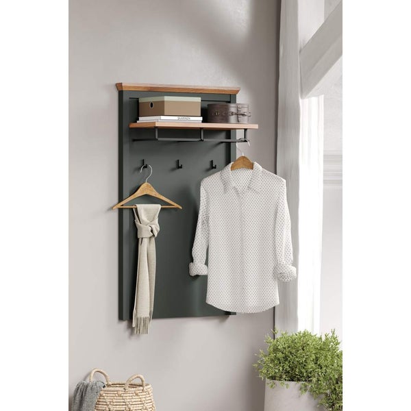 Wandgarderobe in Anthrazit mit Holzablage, Kleiderstange und Haken, dekoriert mit Hemd und Schal in einem hellen Flur.
