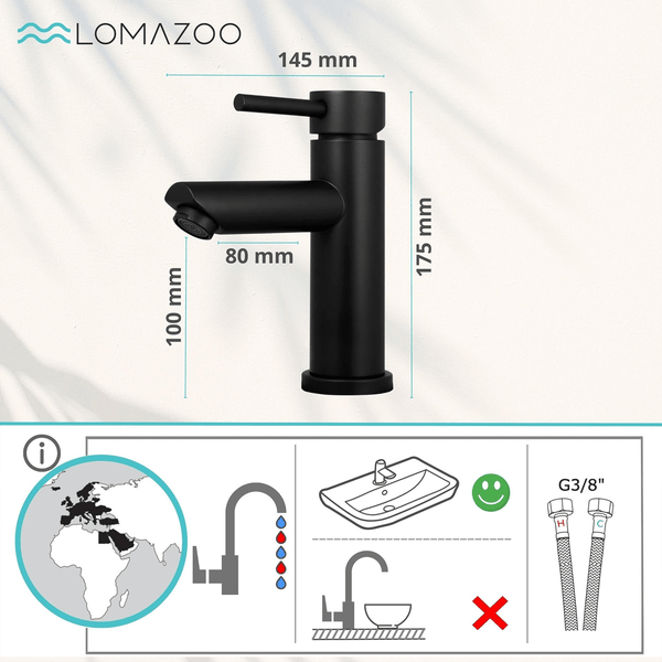 Lomazoo Waschtischarmatur mit Maßangaben und Installationshinweisen für Standardwaschbecken.
