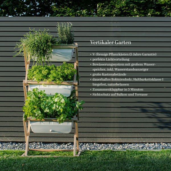 Vertikaler Garten aus Robinienholz mit drei Ebenen und weißen Pflanzkästen, bepflanzt mit verschiedenen Kräutern.