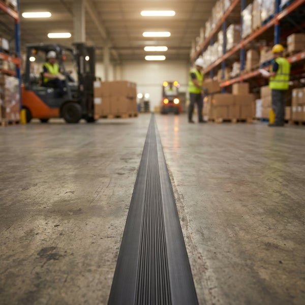 Bodenfugenprofil in einem Lager mit Gabelstapler und Regalen