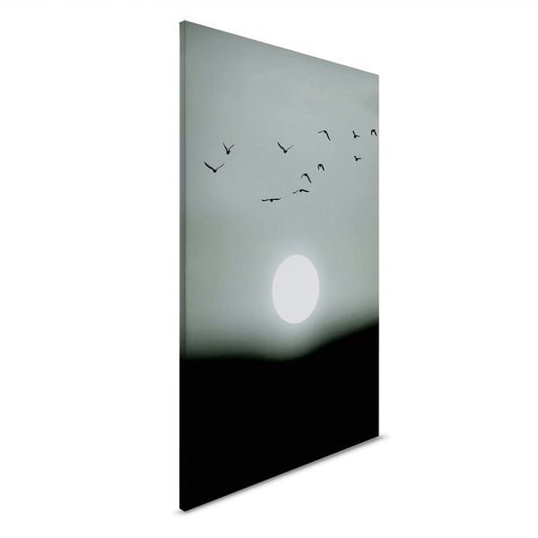 Gemälde mit Vogelschwarm, Sonne und Hügeln