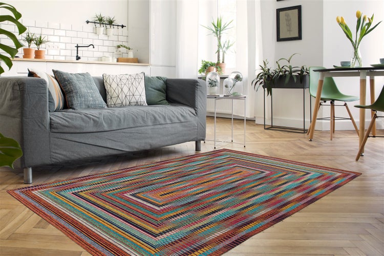 Moderner Wohnraum mit buntem, gestreiftem Teppich auf Fischgrät-Parkett, neben einem grauen Sofa und zahlreichen Zimmerpflanzen.