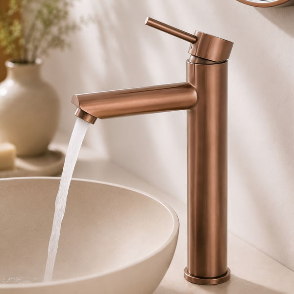 Moderne hohe Waschtischarmatur in metallischer Ausführung mit Einhebelmischer über einem runden Waschbecken mit fließendem Wasser.