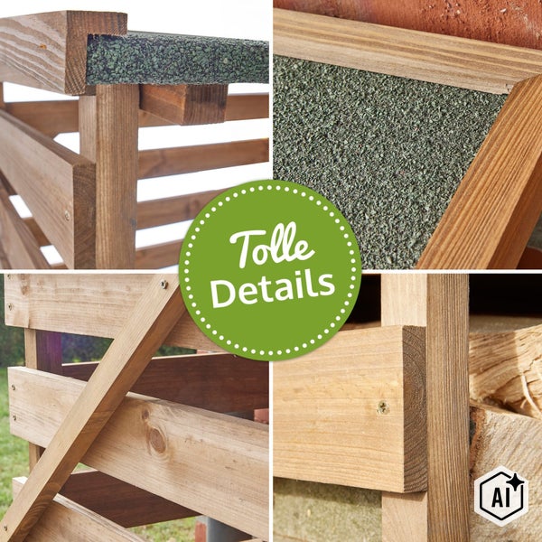 Detailaufnahmen eines Kaminholzregals aus imprägniertem Holz mit Dachpappe und stabiler Verschraubung.
