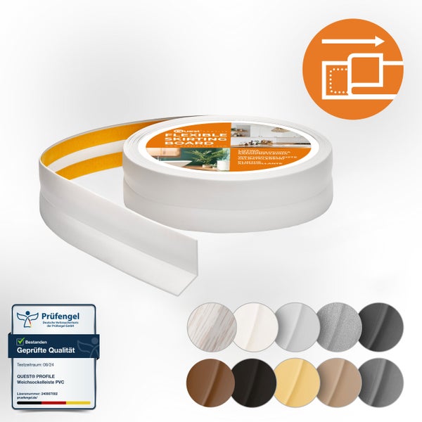 Quest Weichsockelleiste Selbstklebend 25 x 25 mm, PVC, Flexibel, Hellgrau, 20 Meter