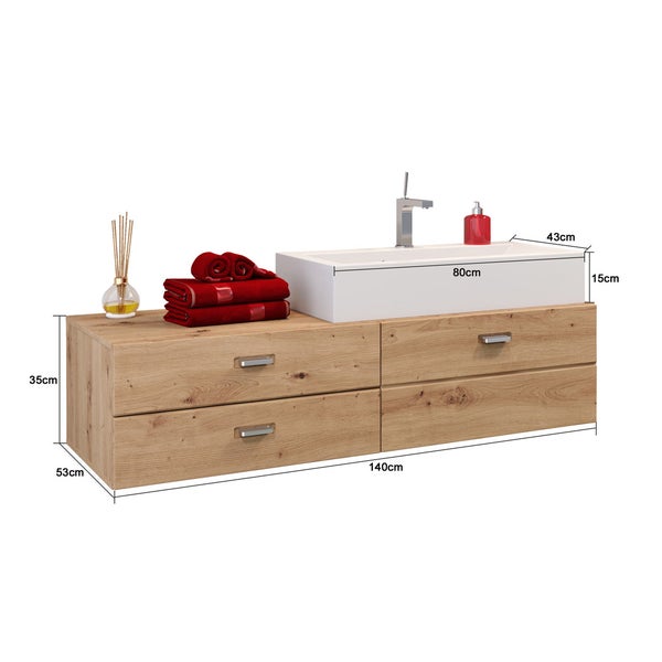 Geo Bad Waschbeckenunterschrank 2 Schubladen, 1 Klappe, Waschbecken Eiche Dekor, MineralgussAufsatzwaschbecken weiß . 140 X 53 X 50 cm