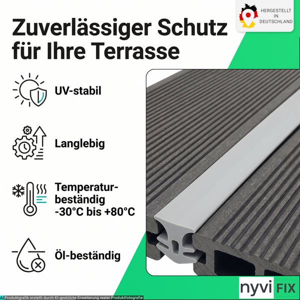 Fugenprofil für Terrassendielen mit UV-Beständigkeit, Langlebigkeit, Temperaturbeständigkeit von minus 30 bis plus 80 Grad und Ölbeständigkeit.