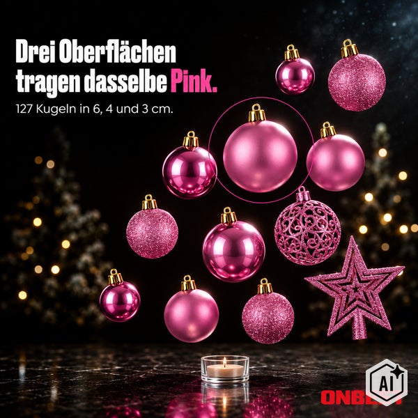 Set aus einhundertsiebenundzwanzig Weihnachtsbaumkugeln in drei verschiedenen Oberflächenstrukturen und drei Größen, inklusive Weihnachtsstern.